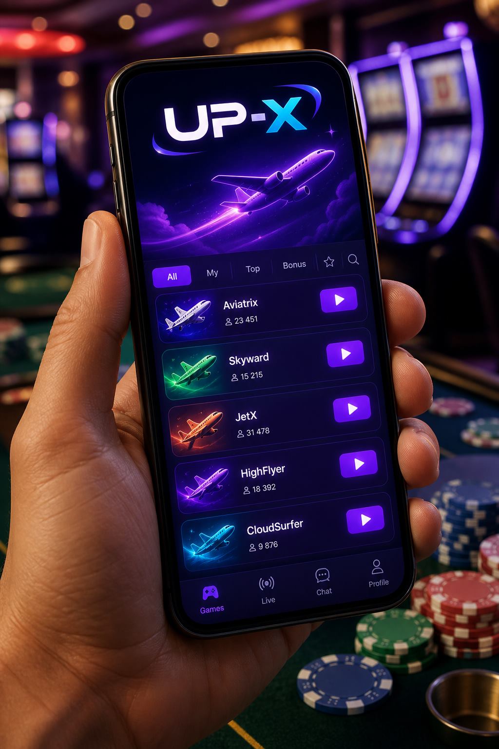 Up X mobile lobby on a phone in casino light